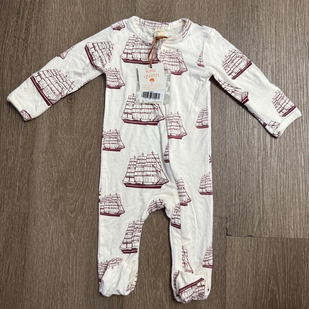 Kate Quinn Zipper Footie Kids 3-6M Cream Big Ships Nautical L006-1004